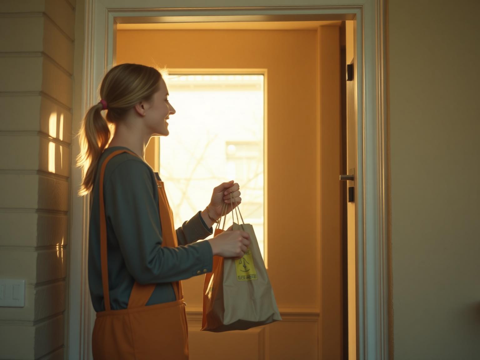 A friendly GigsLo helper handing groceries to a neighbour